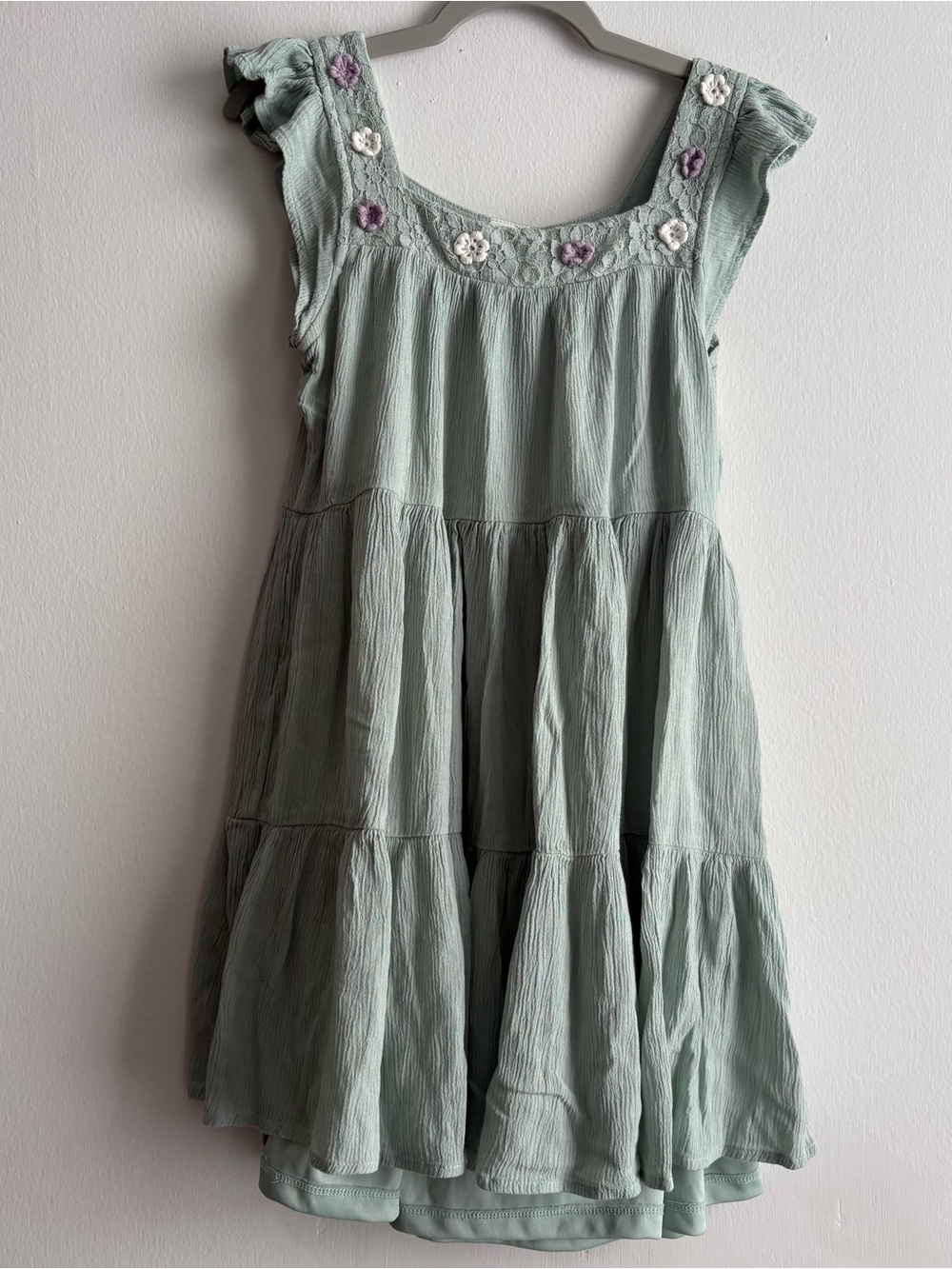 Girls' Sage Green Tiered Dress with Floral Trim size 9